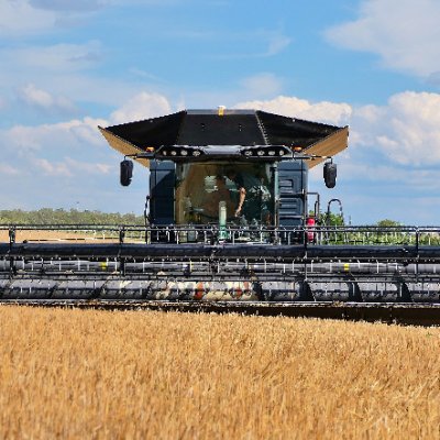 Čelní pohled na sklízecí mlátičku neboli kombajn značky Massey Ferguson